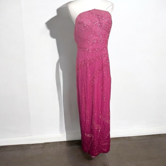 Vintage pink beaded Elegant Pink Strapless Dress Silk Gown Fairy Formal Glam XL - Picture 1 of 11